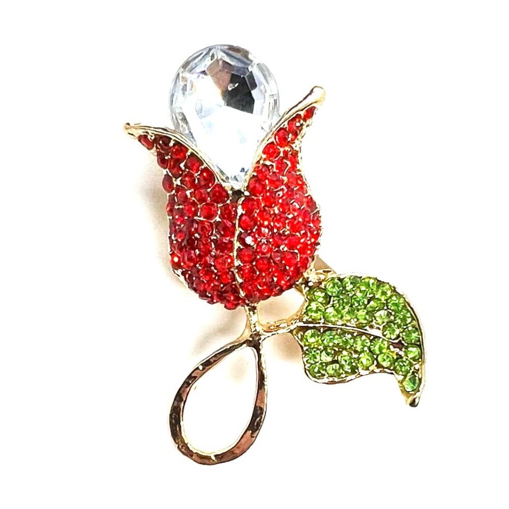 Red ROSE Flower Teardrop Green Leaf Pin BROOCH & Pendant